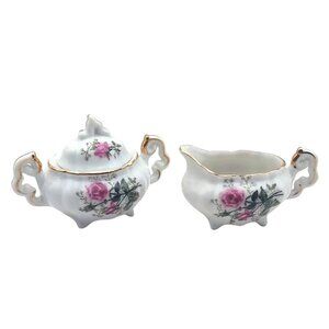 Vintage Lefton Miniature Porcelain Creamer Lidded Sugar Bowl Handpainted Floral